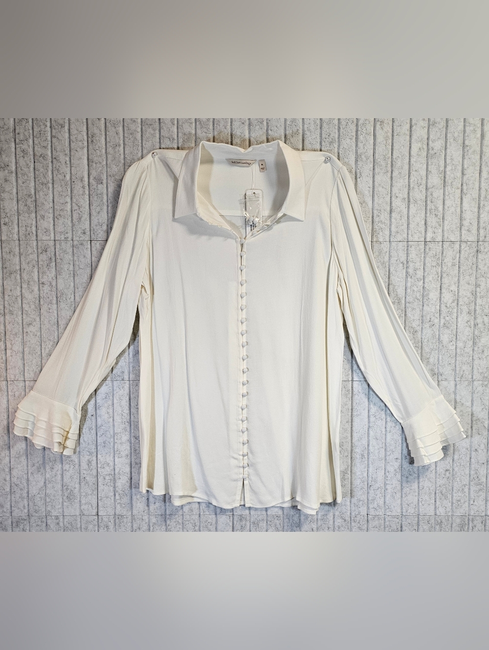 NWT Soft Surroundings Ivory Blouse XL Button Front Ruffle Sleeve Elegant Top